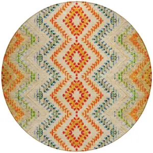 Photo of 8' Beige Orange And Red Round Geometric Washable Indoor Outdoor Area Rug