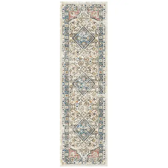 8' Beige Oriental Distressed Runner Rug With Fringe Photo 2