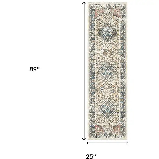 8' Beige Oriental Distressed Runner Rug With Fringe Photo 6