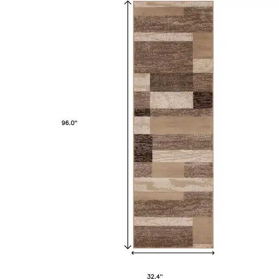 8' Beige Patchwork Power Loom Stain Resistant Runner Rug Photo 6