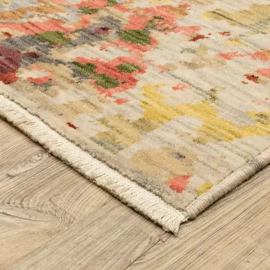 12' Beige Pink And Yellow Abstract Runner Rug With Fringe Photo 9