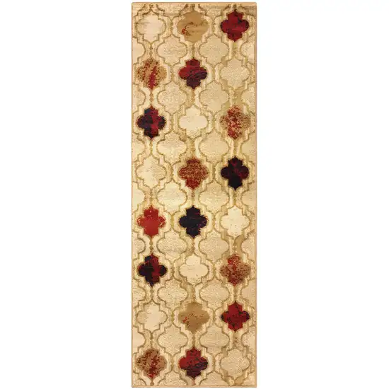 8' Beige Quatrefoil Power Loom Distressed Stain Resistant Runner Rug Photo 1