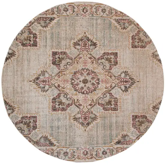 6' Beige Round Medallion Power Loom Area Rug With Fringe Photo 1