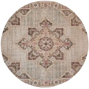 Photo of 6' Beige Round Medallion Power Loom Area Rug With Fringe