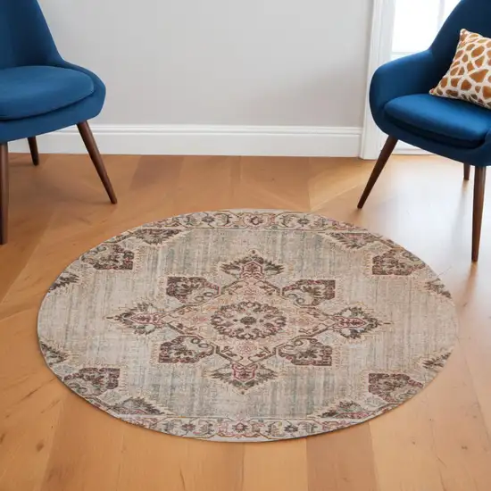 6' Beige and Rust Medallion Power Loom Round Rug Photo 1