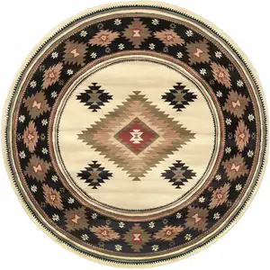 Photo of 8' Beige Round Southwestern Power Loom Stain Resistant Area Rug