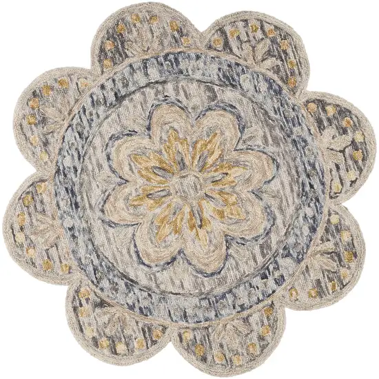 4' Beige Round Wool Floral Hand Tufted Area Rug Photo 6