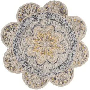 Photo of 4' Beige Round Wool Floral Hand Tufted Area Rug