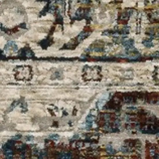 8' Beige Rust And Blue Medallion Runner Rug With Fringe Photo 7