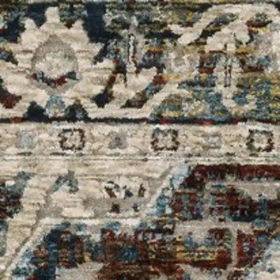 8' Beige Rust And Blue Medallion Runner Rug With Fringe Photo 8