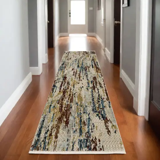 8' Beige Rust And Tan Abstract Runner Rug With Fringe Photo 1