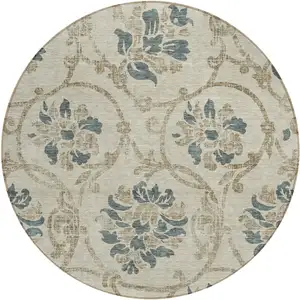 Photo of 8' Beige Tan And Blue Round Floral Washable Indoor Outdoor Area Rug