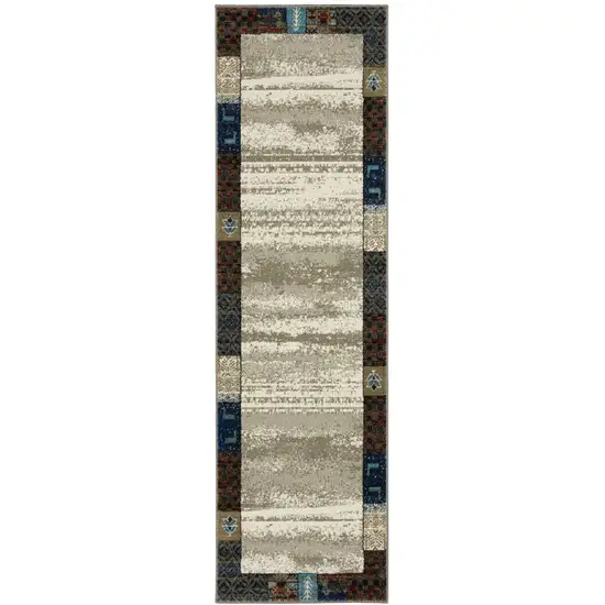 8' Beige Tan And Dark Blue Patchwork Runner Rug Photo 2