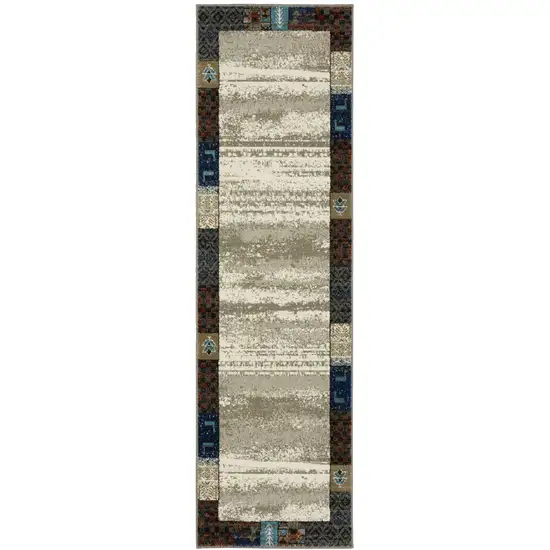 8' Beige Tan And Dark Blue Patchwork Runner Rug Photo 1