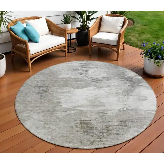 8' Beige Tan And Gray Round Abstract Washable Indoor Outdoor Area Rug Photo 1