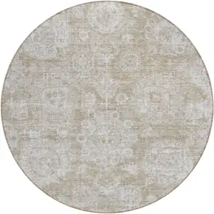 Photo of 8' Beige Tan And Gray Round Floral Washable Indoor Outdoor Area Rug