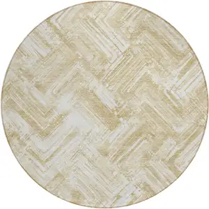 Photo of 8' Beige Tan And Ivory Round Geometric Washable Indoor Outdoor Area Rug