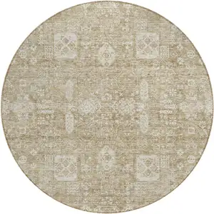 Photo of 8' Beige Tan And Ivory Round Oriental Washable Indoor Outdoor Area Rug