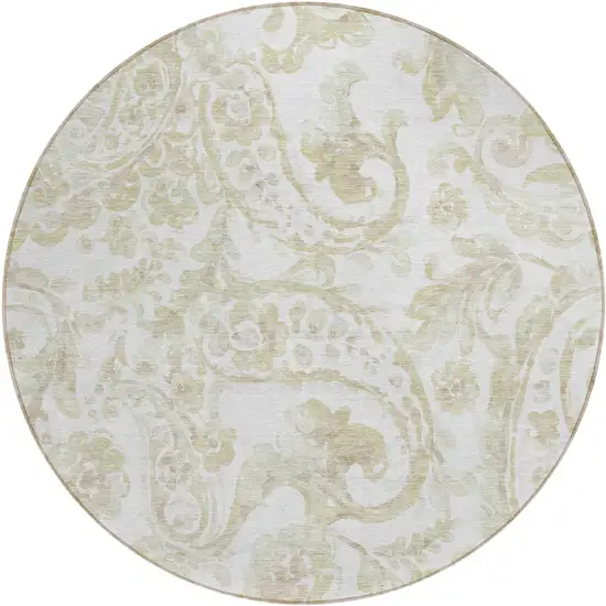 8' Beige Tan And Ivory Round Paisley Washable Indoor Outdoor Area Rug Photo 2