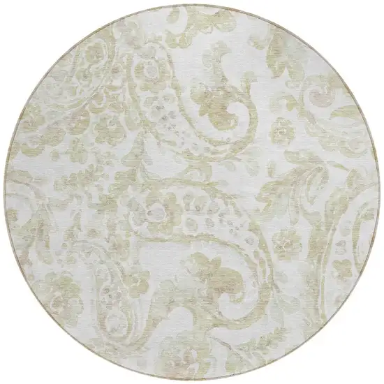 8' Beige Tan And Ivory Round Paisley Washable Indoor Outdoor Area Rug Photo 5