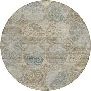 Photo of 8' Beige Taupe And Blue Round Trellis Washable Indoor Outdoor Area Rug