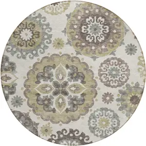 Photo of 8' Beige Taupe And Brown Round Floral Medallion Washable Indoor Outdoor Area Rug