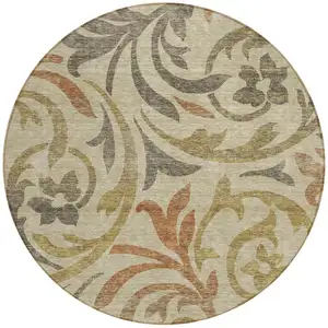 Photo of 8' Beige Taupe And Copper Round Floral Washable Indoor Outdoor Area Rug