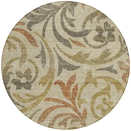 8' Beige Taupe And Copper Round Floral Washable Indoor Outdoor Area Rug Photo 4