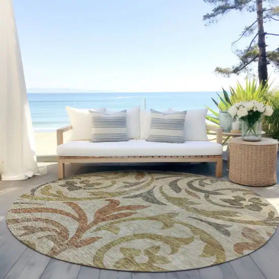 8' Beige Taupe And Copper Round Floral Washable Indoor Outdoor Area Rug Photo 6