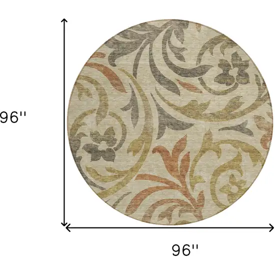 8' Beige Taupe And Copper Round Floral Washable Indoor Outdoor Area Rug Photo 8