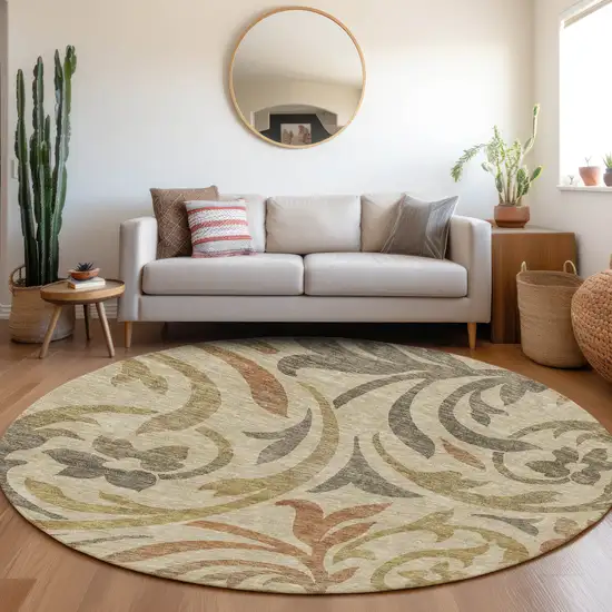 8' Beige Taupe And Copper Round Floral Washable Indoor Outdoor Area Rug Photo 7