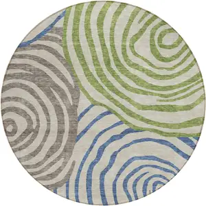 Photo of 8' Beige Taupe And Green Round Abstract Washable Indoor Outdoor Area Rug