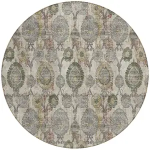 Photo of 8' Beige Taupe And Green Round Damask Washable Indoor Outdoor Area Rug