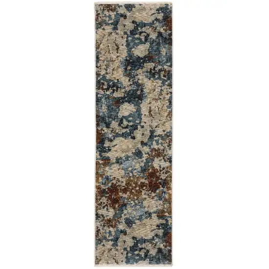 8' Beige Teal And Brown Abstract Runner Rug With Fringe Photo 2