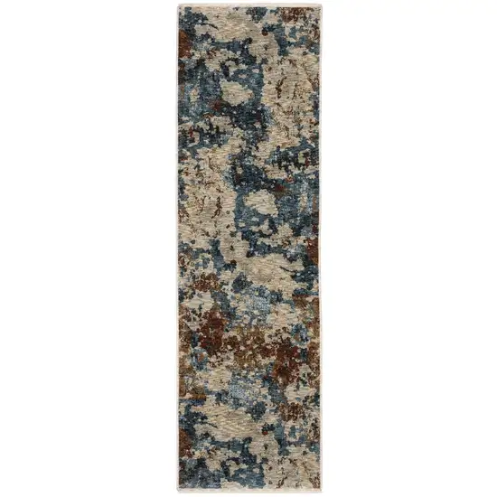 8' Beige Teal And Brown Abstract Runner Rug With Fringe Photo 4