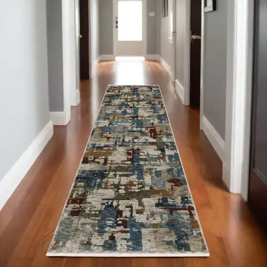 8' Beige Teal And Brown Abstract Runner Rug With Fringe Photo 1