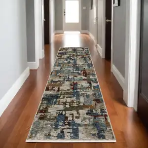 Photo of 8' Beige Teal And Brown Abstract Runner Rug With Fringe