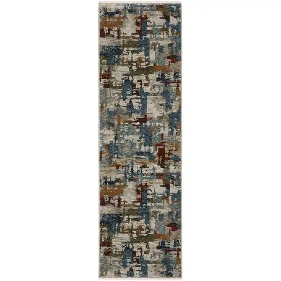 8' Beige Teal And Brown Abstract Runner Rug With Fringe Photo 2