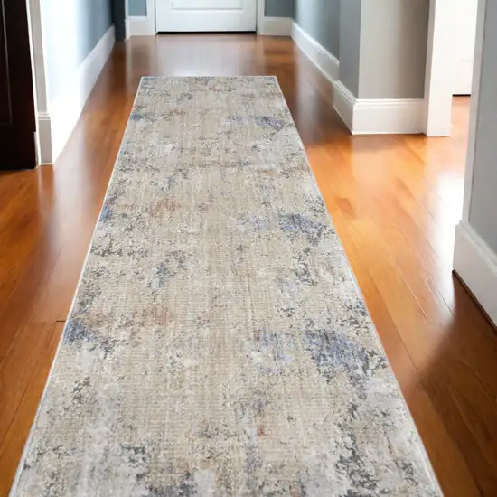 8' Beige Teal Blue and Gray Abstract Runner Rug With Fringe Photo 1