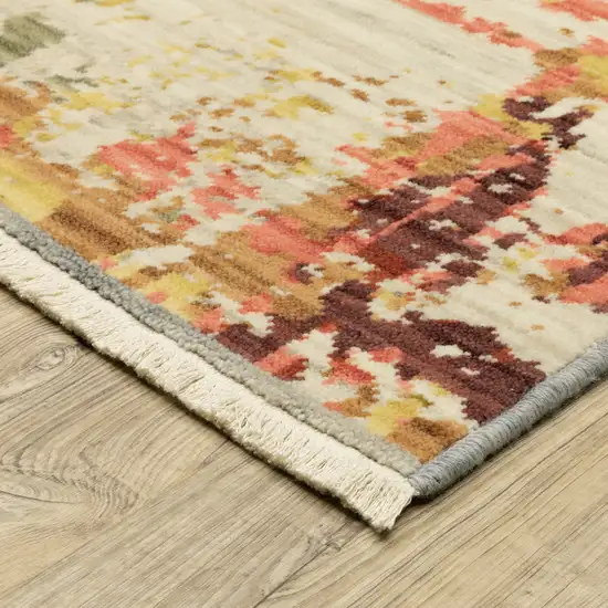 12' Beige Yellow And Salmon Abstract Runner Rug With Fringe Photo 9