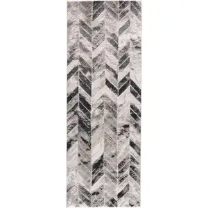 Photo of 8' Beige and Black Chevron Runner Rug