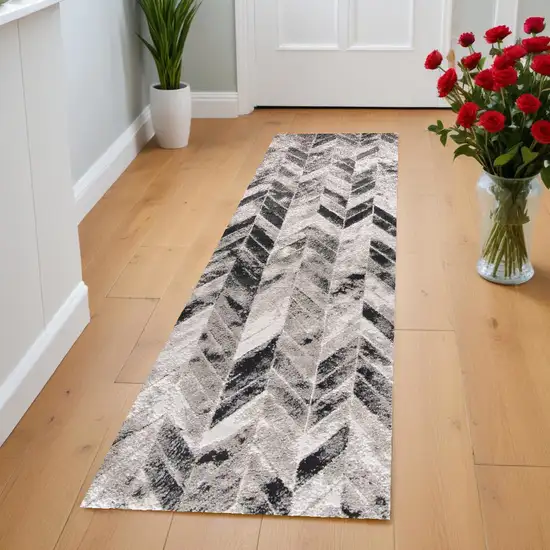 8' Beige and Black Chevron Runner Rug Photo 1