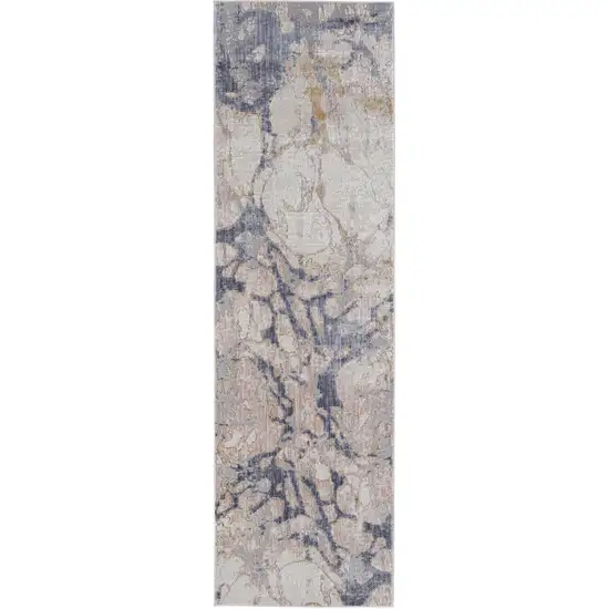 12' Beige and Blue Abstract Power Loom Distressed Runner Rug Photo 2