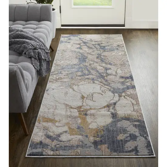 12' Beige and Blue Abstract Power Loom Distressed Runner Rug Photo 6