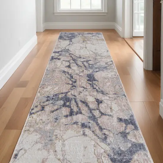 12' Beige and Blue Abstract Power Loom Distressed Runner Rug Photo 1