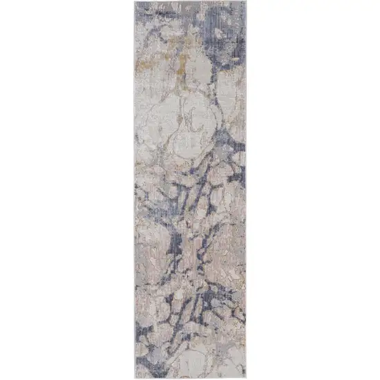 12' Beige and Blue Abstract Power Loom Distressed Runner Rug Photo 4