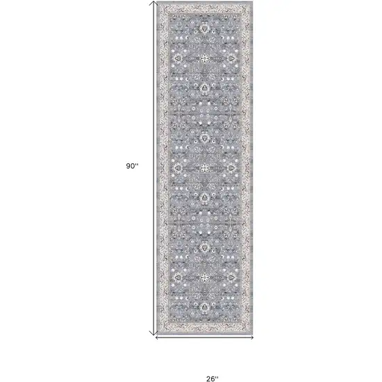 8' Beige and Blue Floral Distressed Non Skid Runner Rug Photo 3