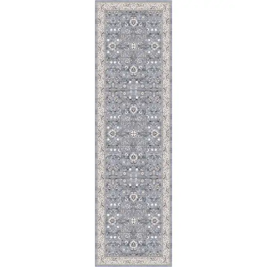 8' Beige and Blue Floral Distressed Non Skid Runner Rug Photo 2