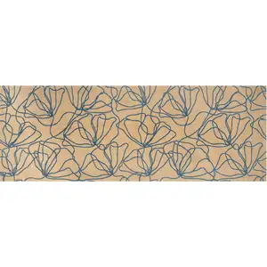 Photo of 6' Beige and Blue Floral Washable Runner Rug With UV Protection