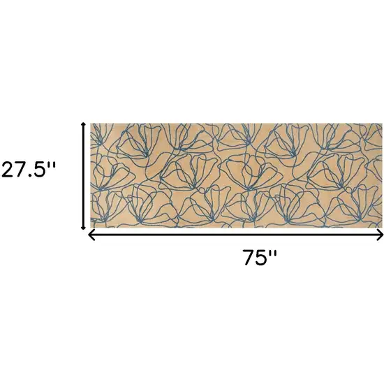 6' Beige and Blue Floral Washable Runner Rug With UV Protection Photo 5